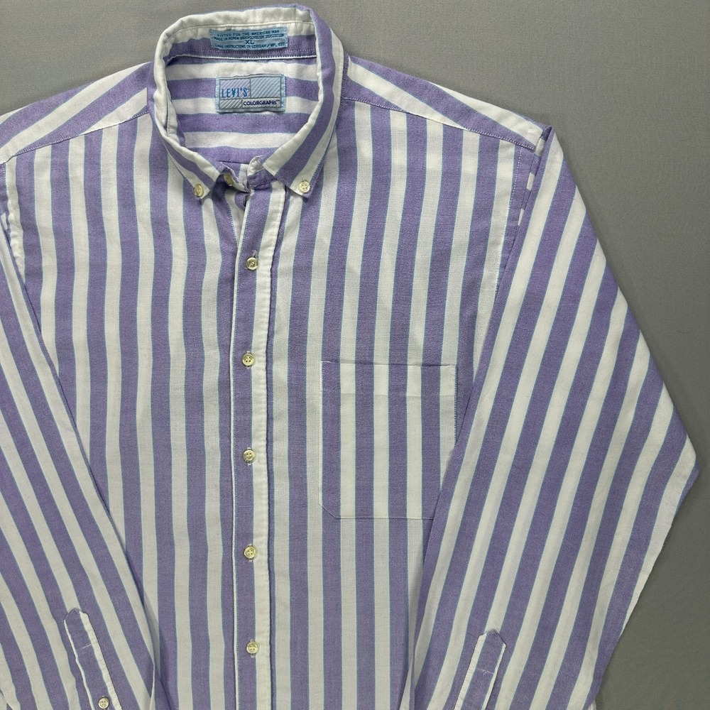 Vintage Levis Colorgraphs Shirt Mens XL Purple White Stripe Button Down Korea 90